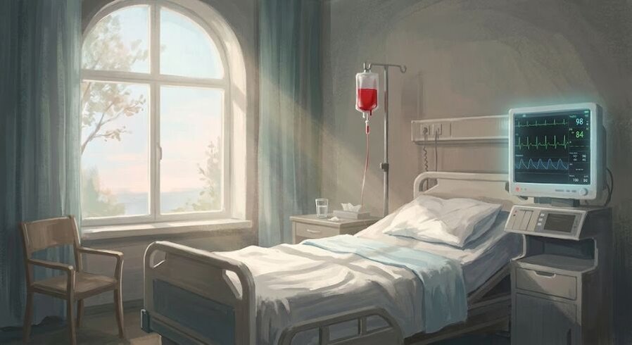 Stanza d'ospedale con una sacca per trasfusione accanto a un letto vuoto