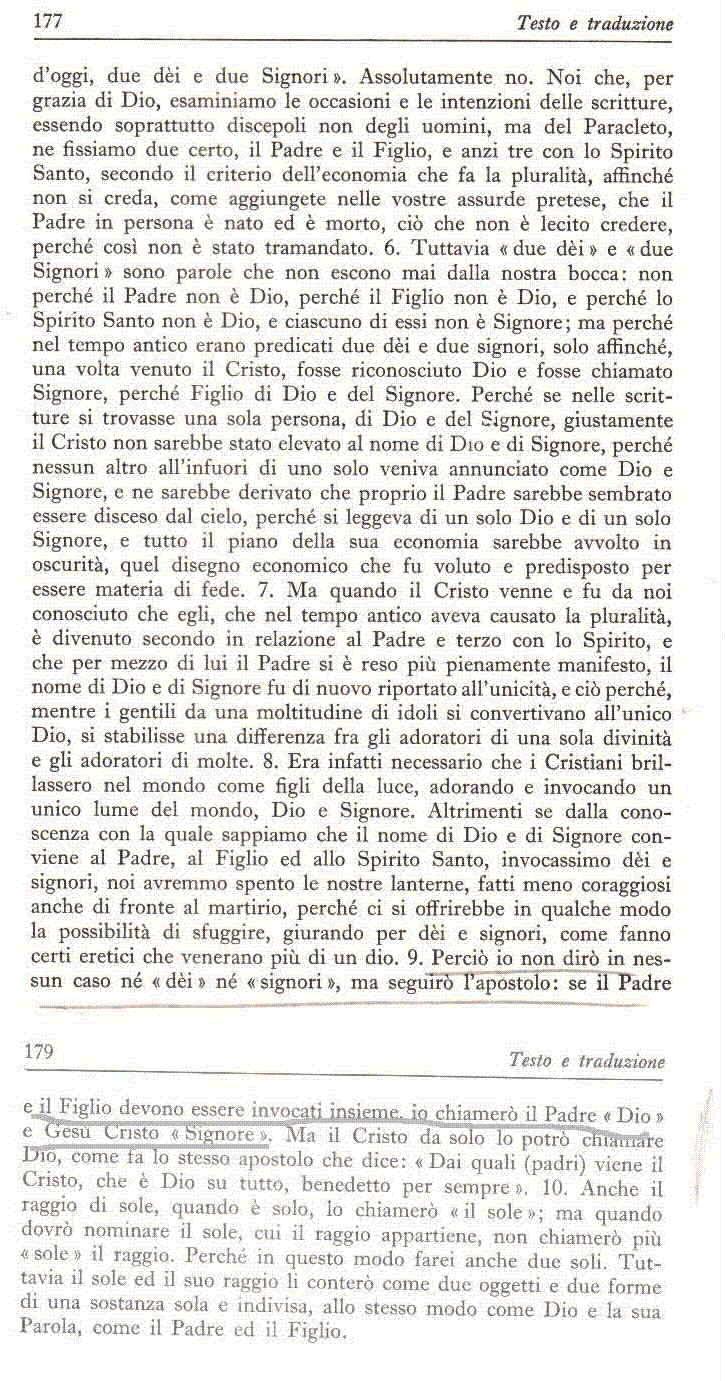 Tertulliano, Contro Prassea XIII, 8-10, testo e traduzione, pag. 177-179